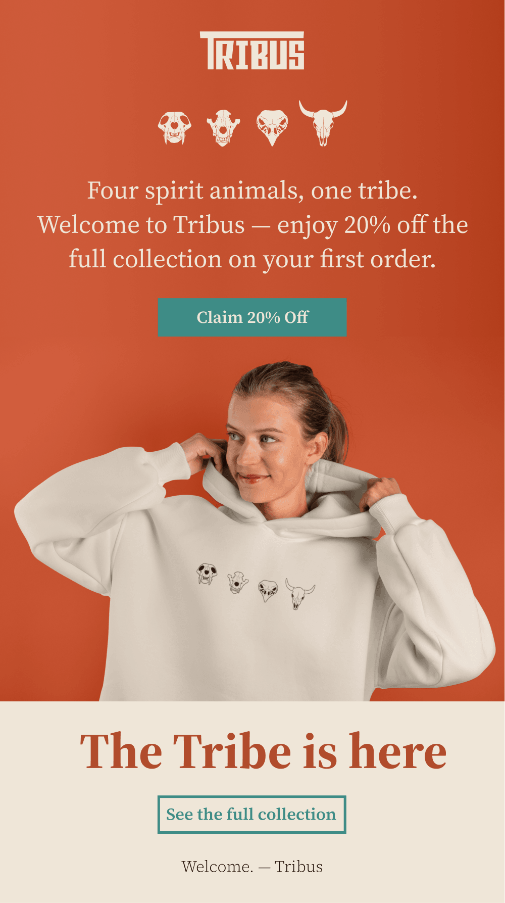 Tribus welcome email: 20% off your first order, Claim 20% Off button, hoodie product photo.