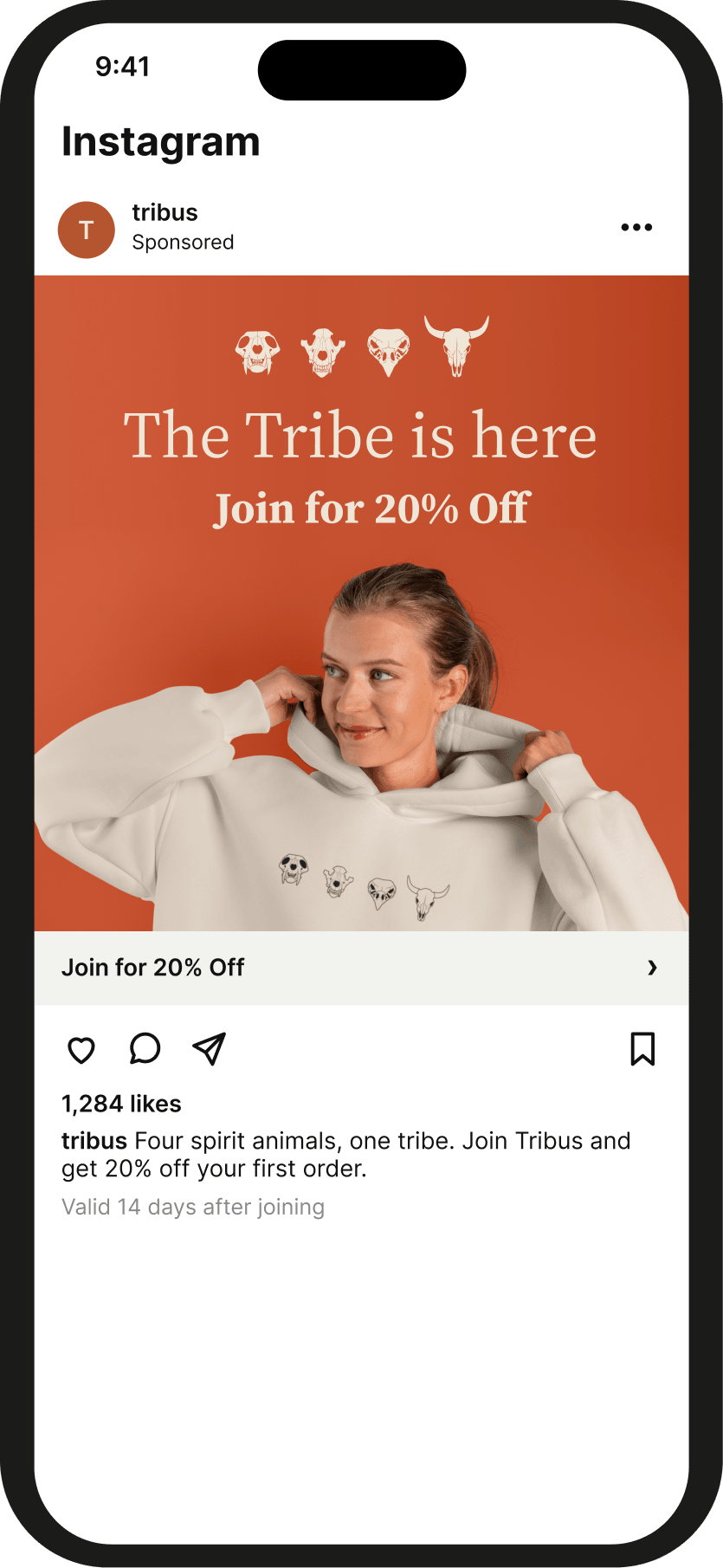 Tribus feed ad: four skull icons, 'The tribe is here,' Join for 20% Off, hoodie with skull embroidery.