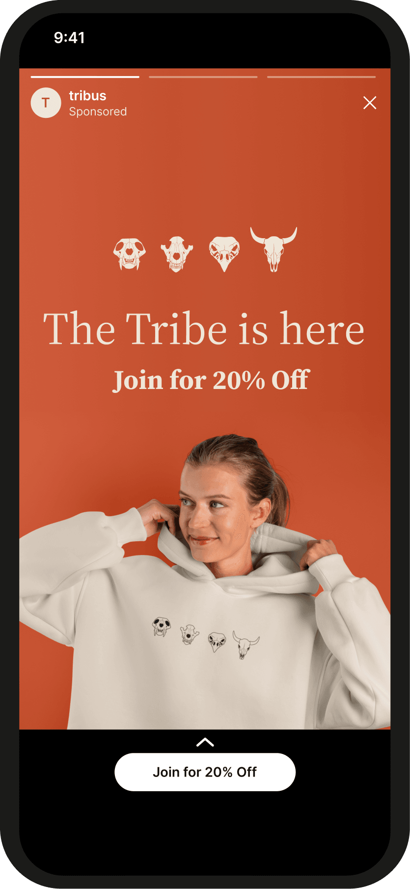 Tribus Instagram Story ad with 'The tribe is here' headline and Join for 20% Off link sticker.