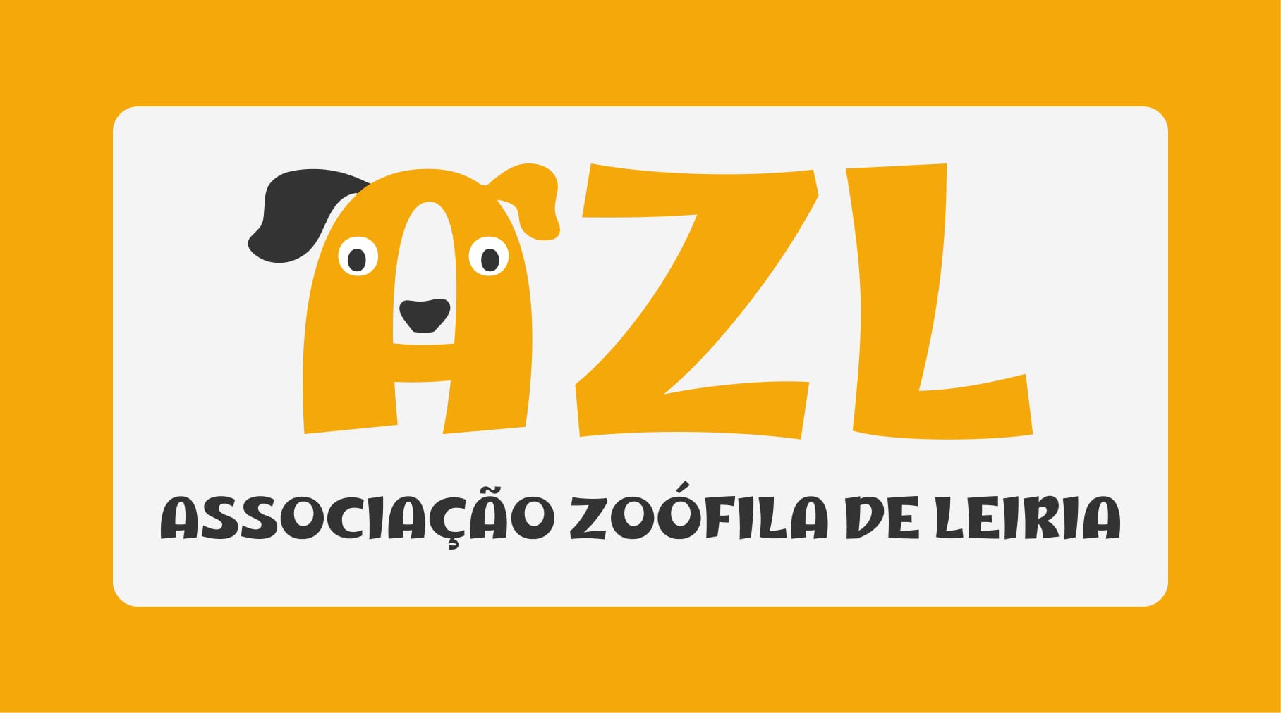 AZL logo — dog-eared A and wordmark Associação Zoófila de Leiria on a white card over orange
