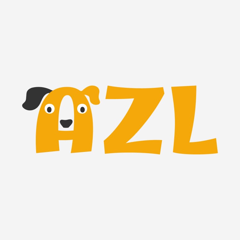 AZL logo in orange on off-white