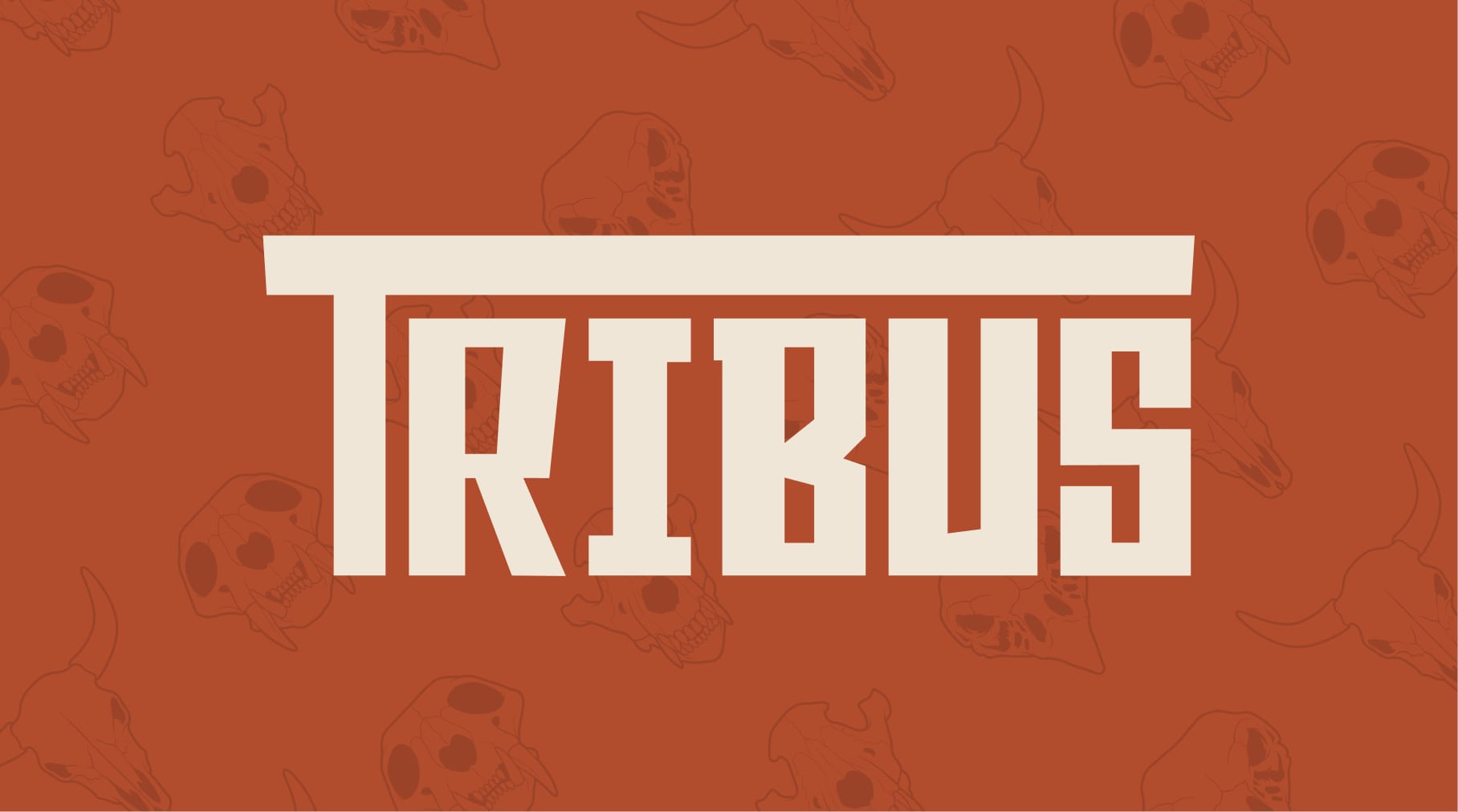 Tribus wordmark in bone white on a clay-red background patterned with skull motifs