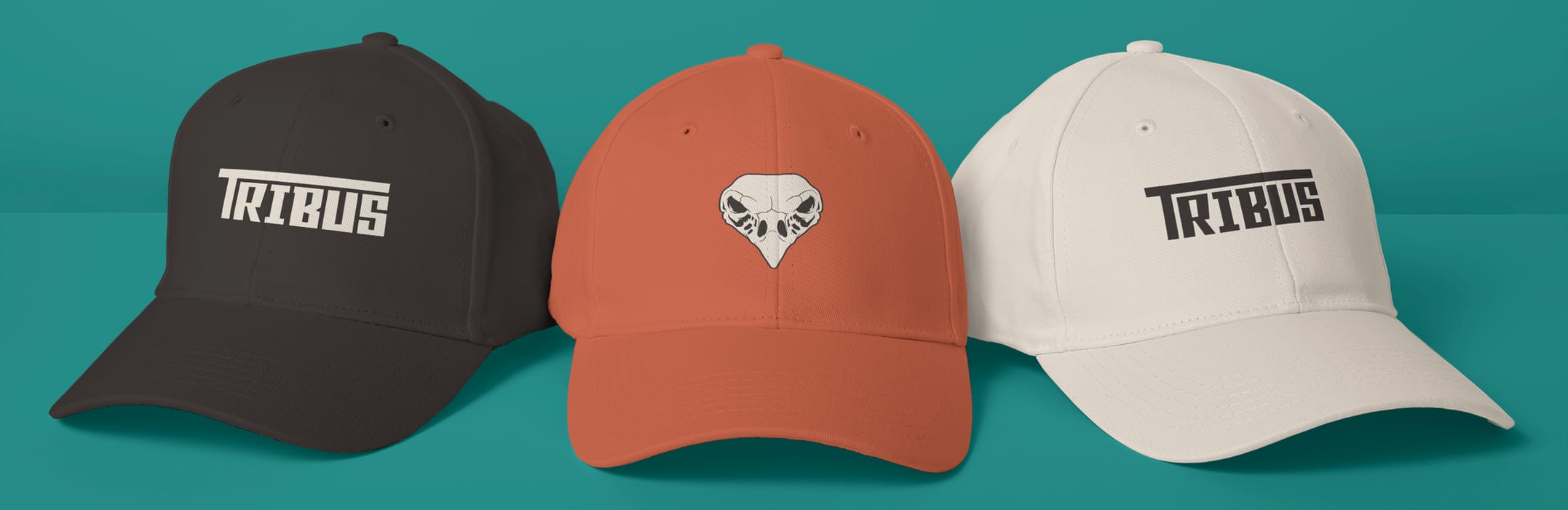 Tribus caps in pitch black, clay and bone with the wordmark and a skull symbol, on turquoise