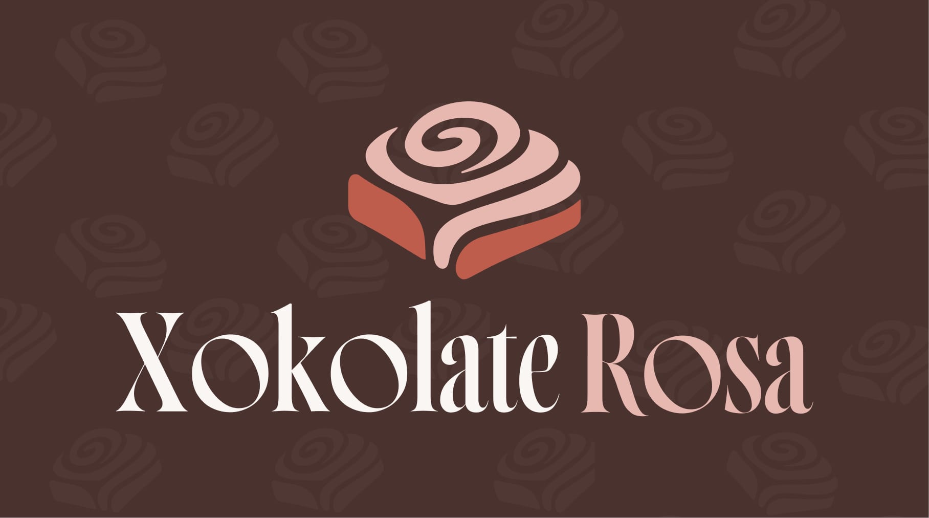 Xokolate Rosa logomark and wordmark in terra cotta and pink on chocolate brown