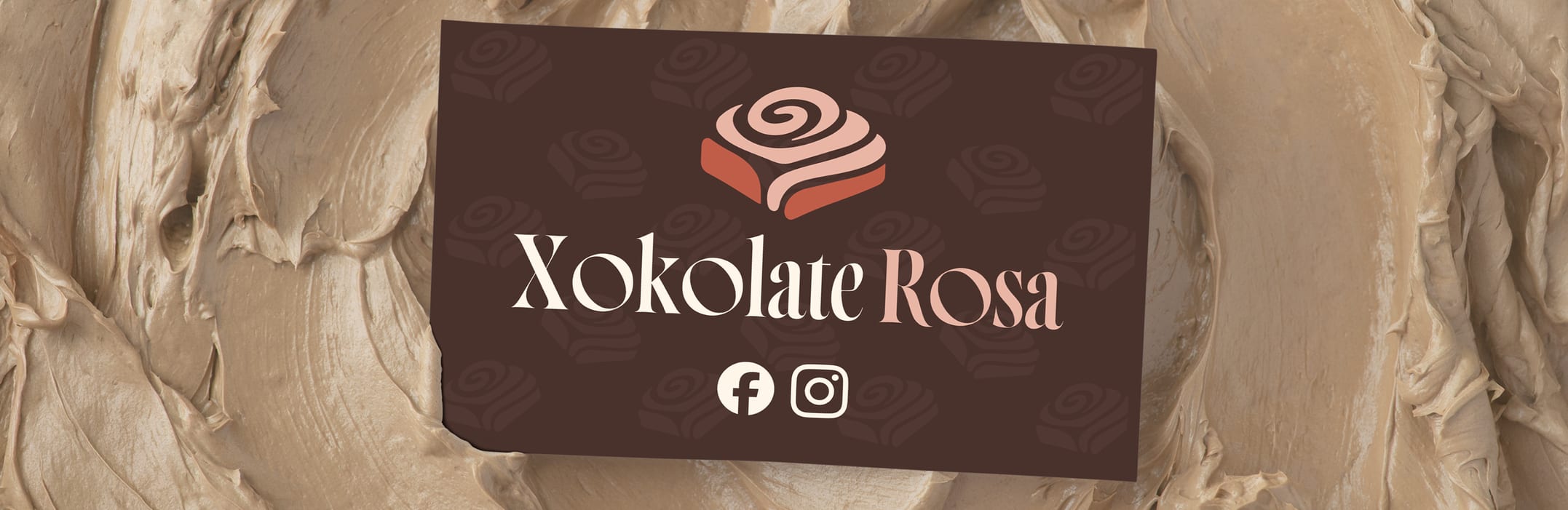 Chocolate-brown Xokolate Rosa business card on a textured background