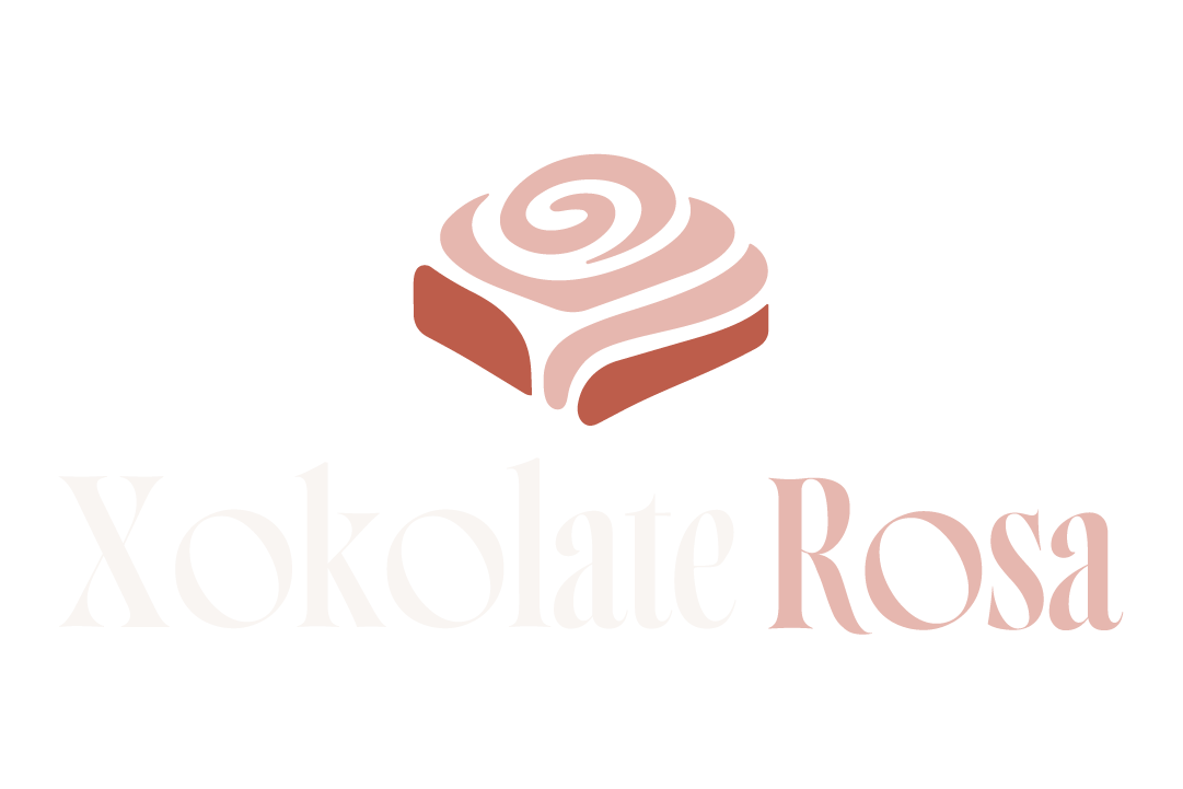 Xokolate Rosa — swirl chocolate mark with elegant serif wordmark on dark brown